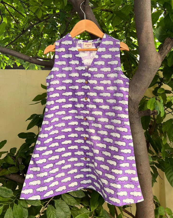 Happy Hippos Purple Cotton Dress for Girls
