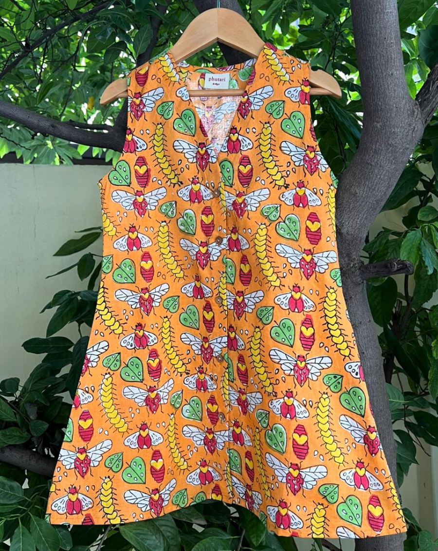 Cat-A-Pillar Orange Cotton Dress for Girls