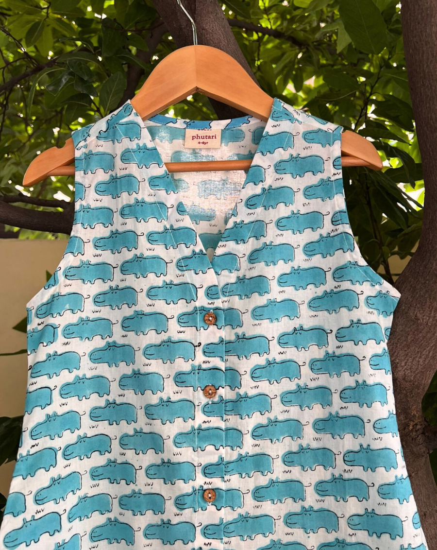 Happy Hippos Blue Cotton Dress for Girls