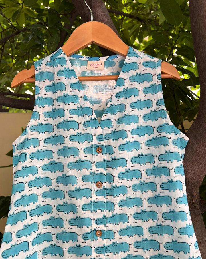 Happy Hippos Blue Cotton Dress for Girls