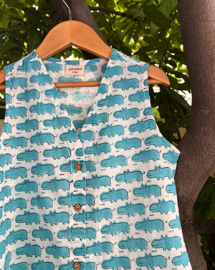 Happy Hippos Blue Cotton Dress for Girls