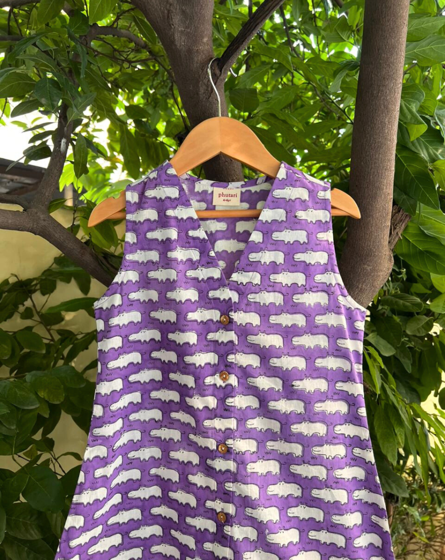 Happy Hippos Purple Cotton Dress for Girls