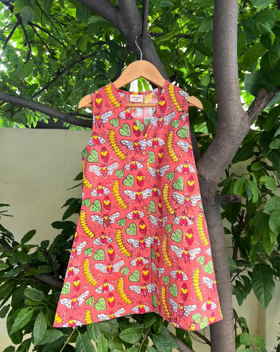 Cat-A-Pillar Brick Red Cotton Dress for Girls