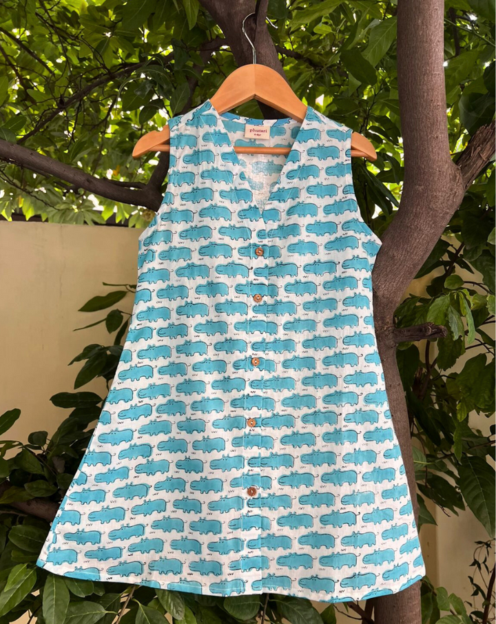 Happy Hippos Blue Cotton Dress for Girls