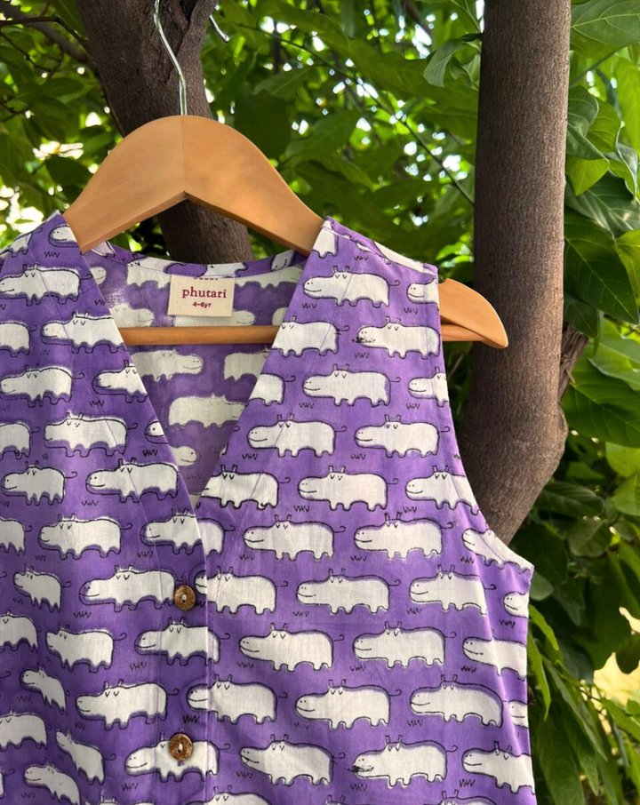 Happy Hippos Purple Cotton Dress for Girls