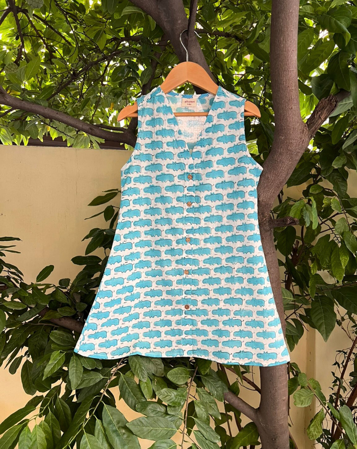 Happy Hippos Blue Cotton Dress for Girls