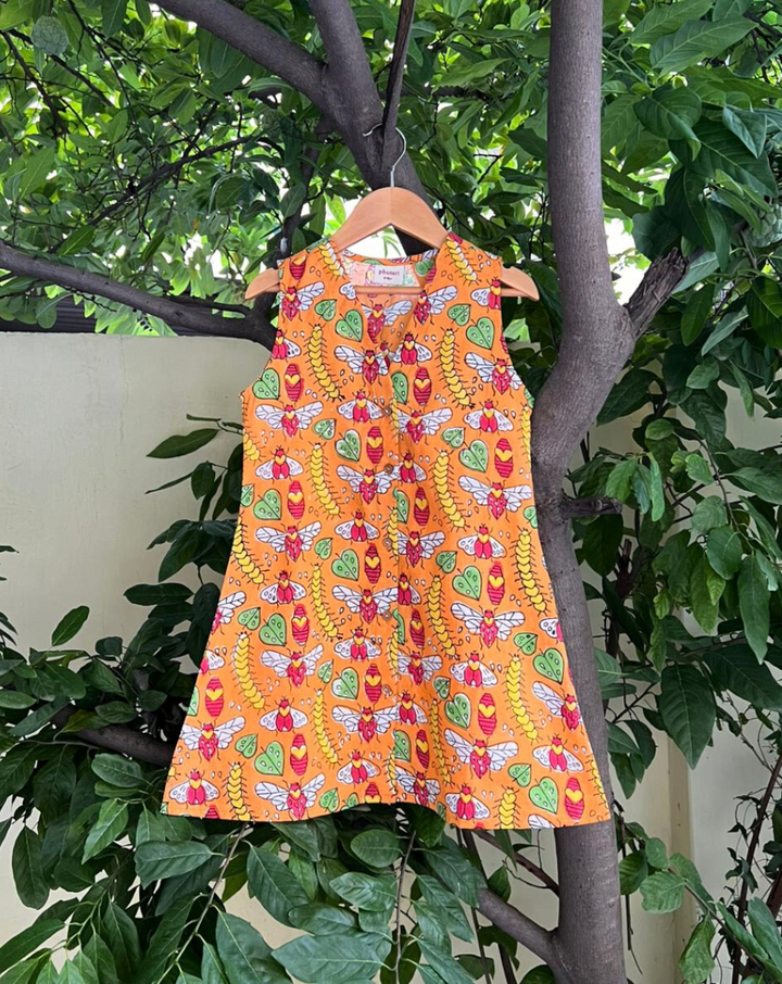 Cat-A-Pillar Orange Cotton Dress for Girls