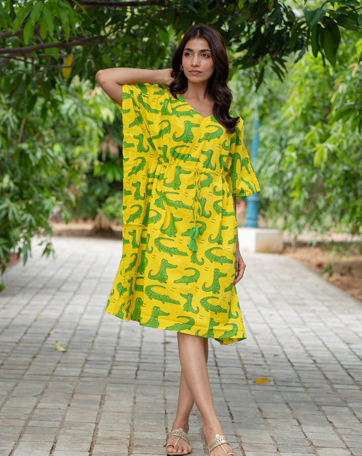 Agar Magar Hand Block Printed Cotton Kaftan - Midi Length