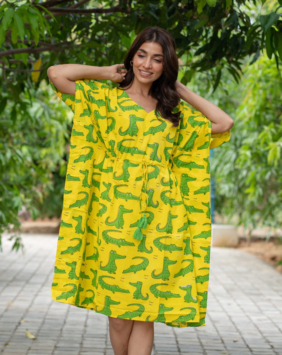Agar Magar Hand Block Printed Cotton Kaftan - Midi Length
