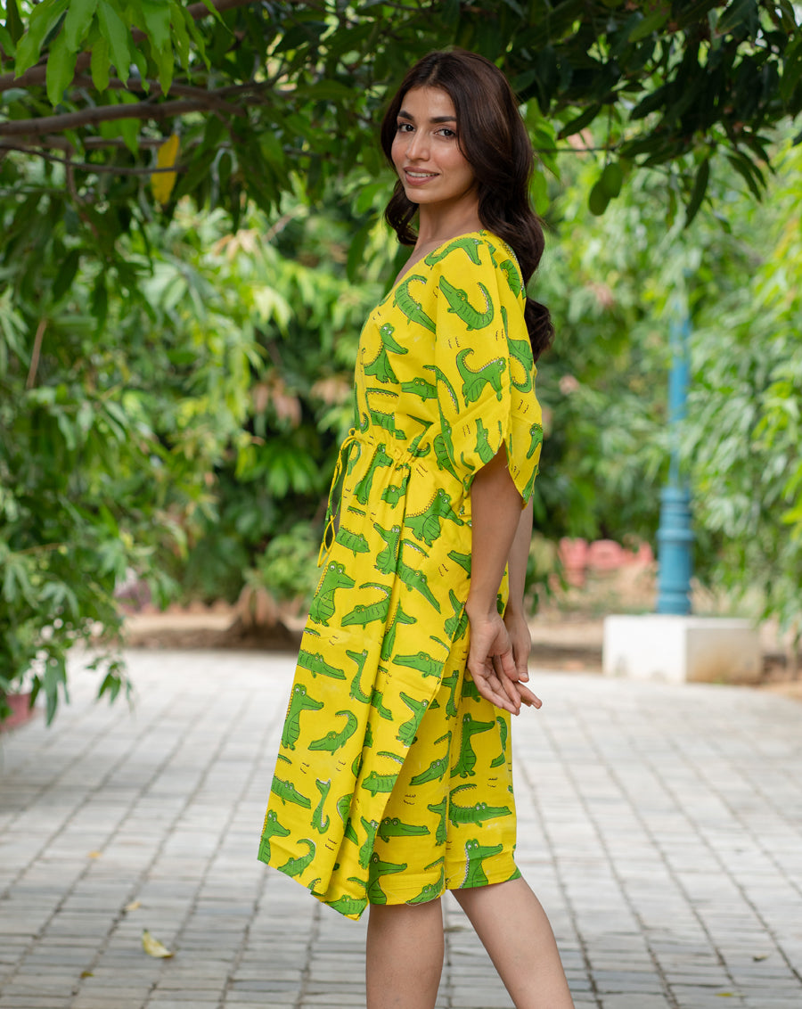 Agar Magar Hand Block Printed Cotton Kaftan - Midi Length