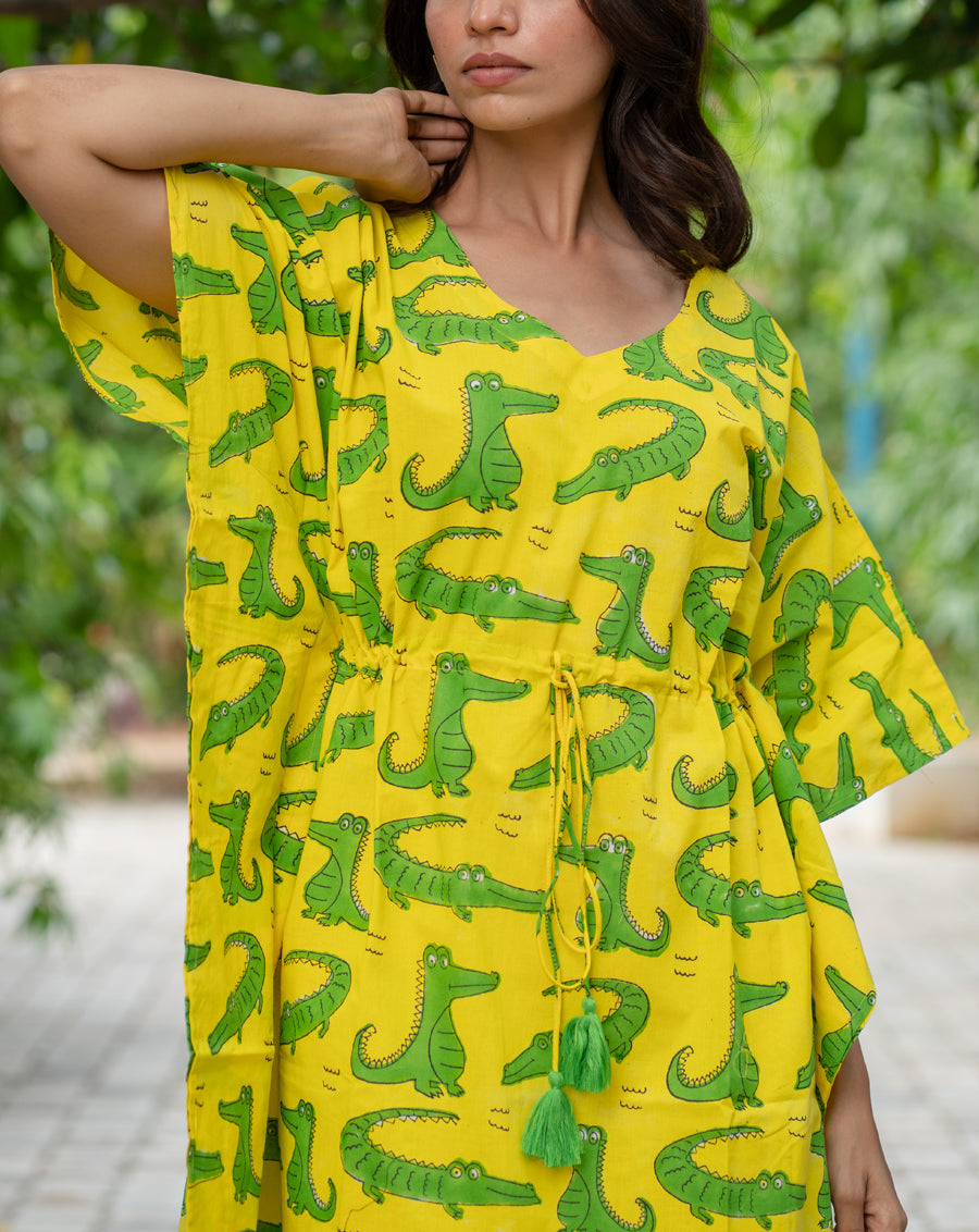 Agar Magar Hand Block Printed Cotton Kaftan - Midi Length