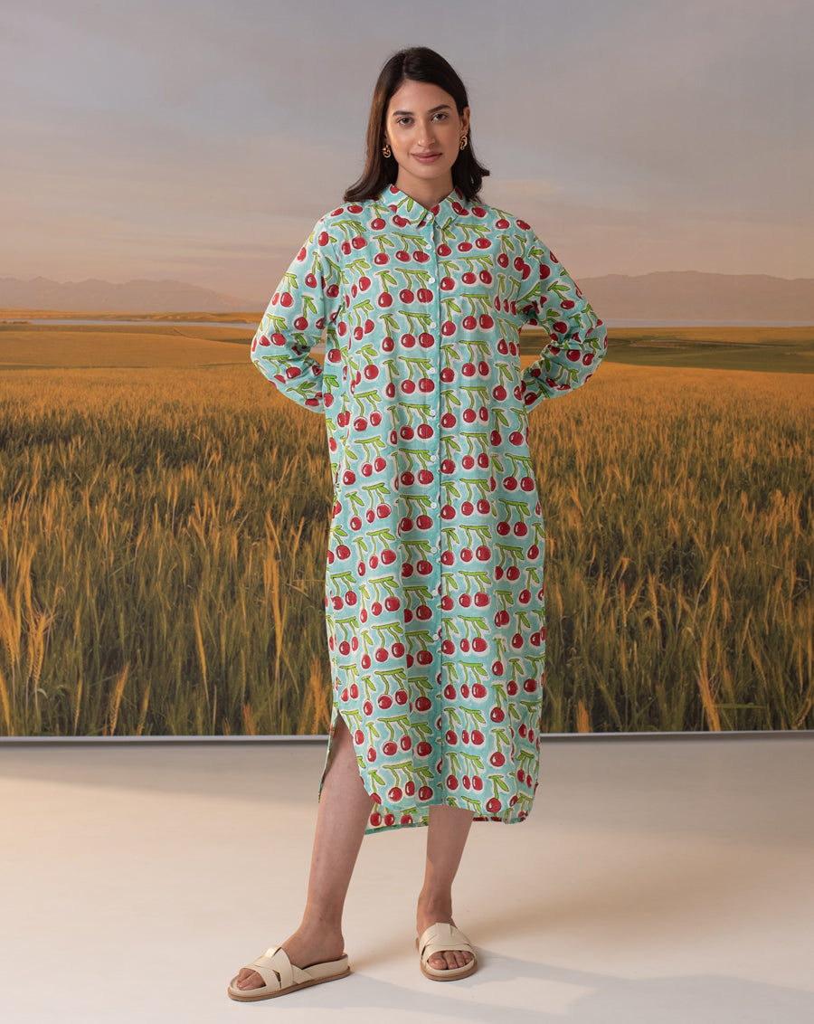 strapless open back dress Cherries Oversized Shirt Dress, XS-S