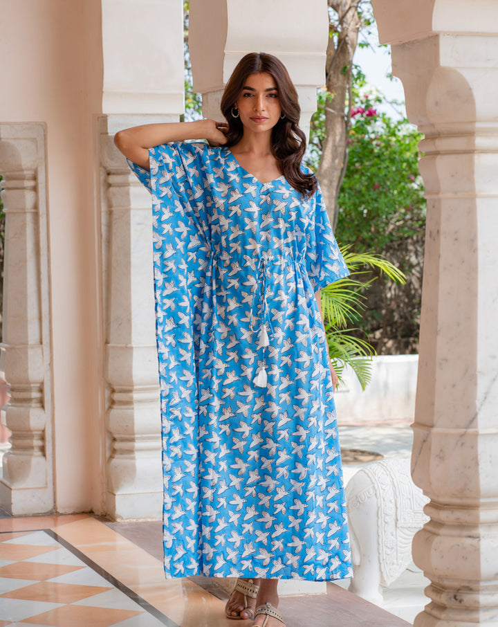 Chidiya Udd Hand Block Printed Cotton Kaftan - Full Length