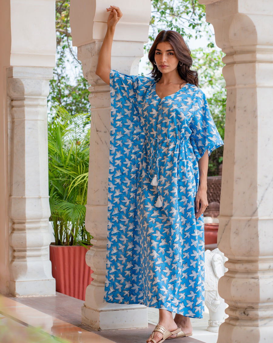 Chidiya Udd Hand Block Printed Cotton Kaftan - Full Length