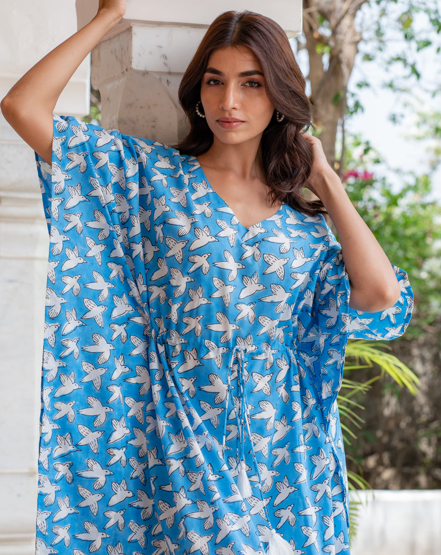 Chidiya Udd Hand Block Printed Cotton Kaftan - Full Length