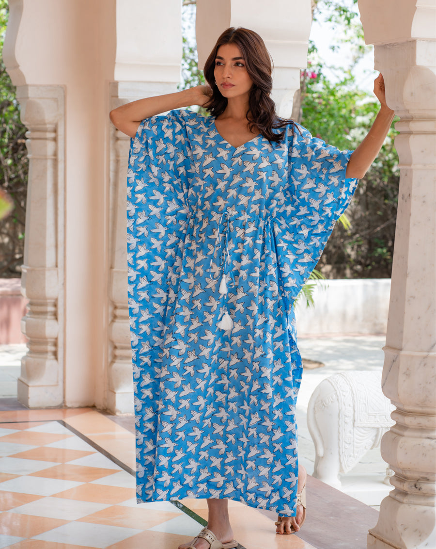 Chidiya Udd Hand Block Printed Cotton Kaftan - Full Length