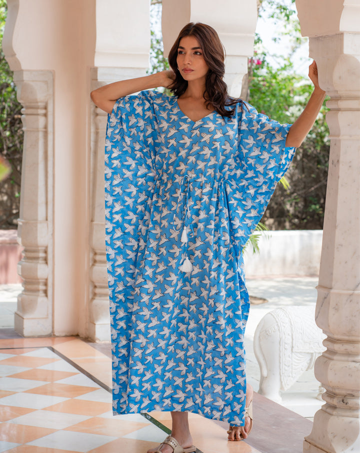 Chidiya Udd Hand Block Printed Cotton Kaftan - Full Length
