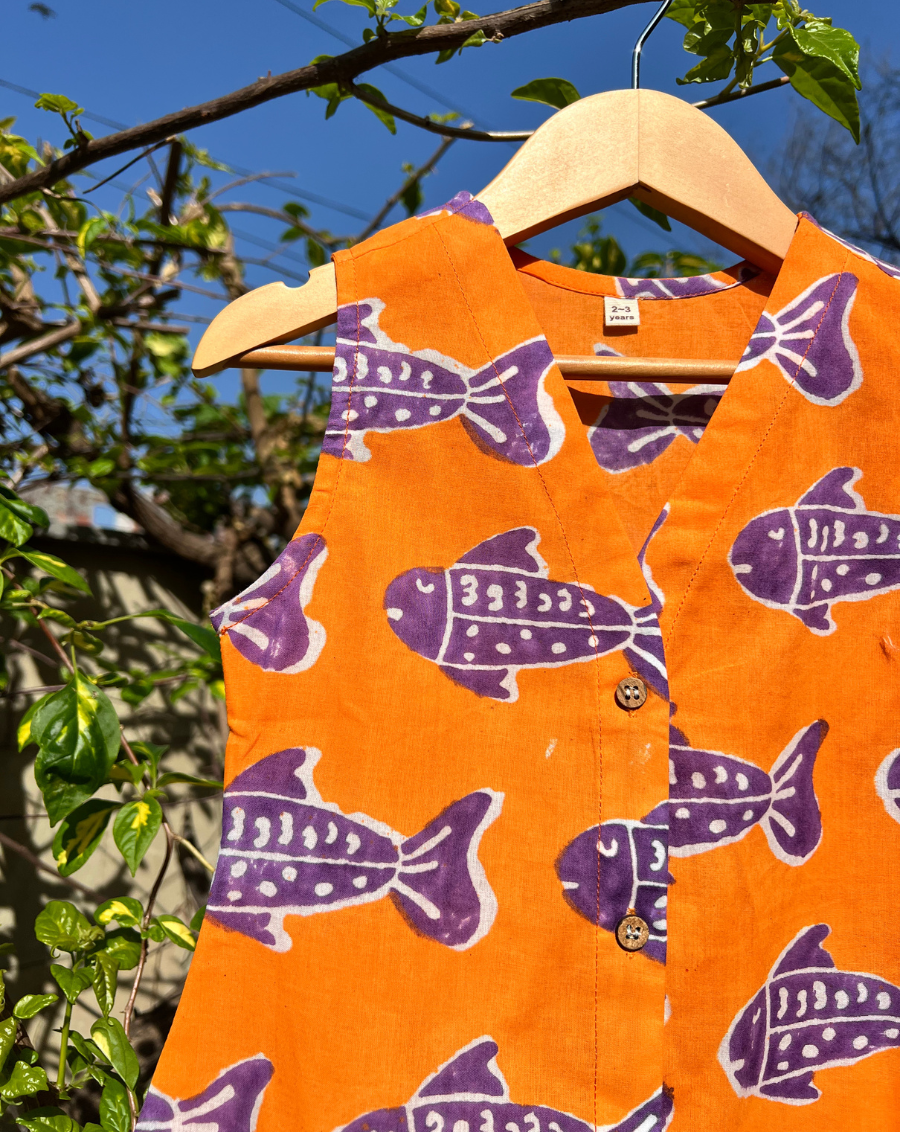 O'fish Orange Cotton Dress for Girls