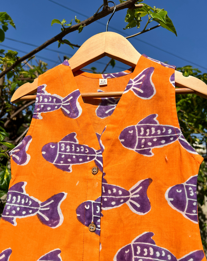 O'fish Orange Cotton Dress for Girls