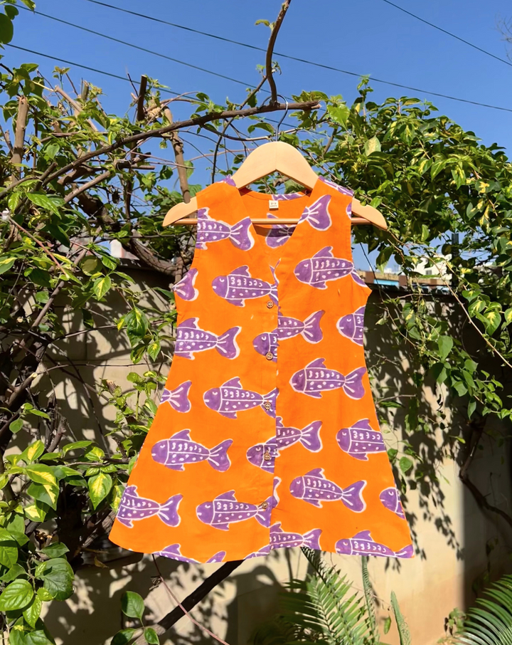O'fish Orange Cotton Dress for Girls
