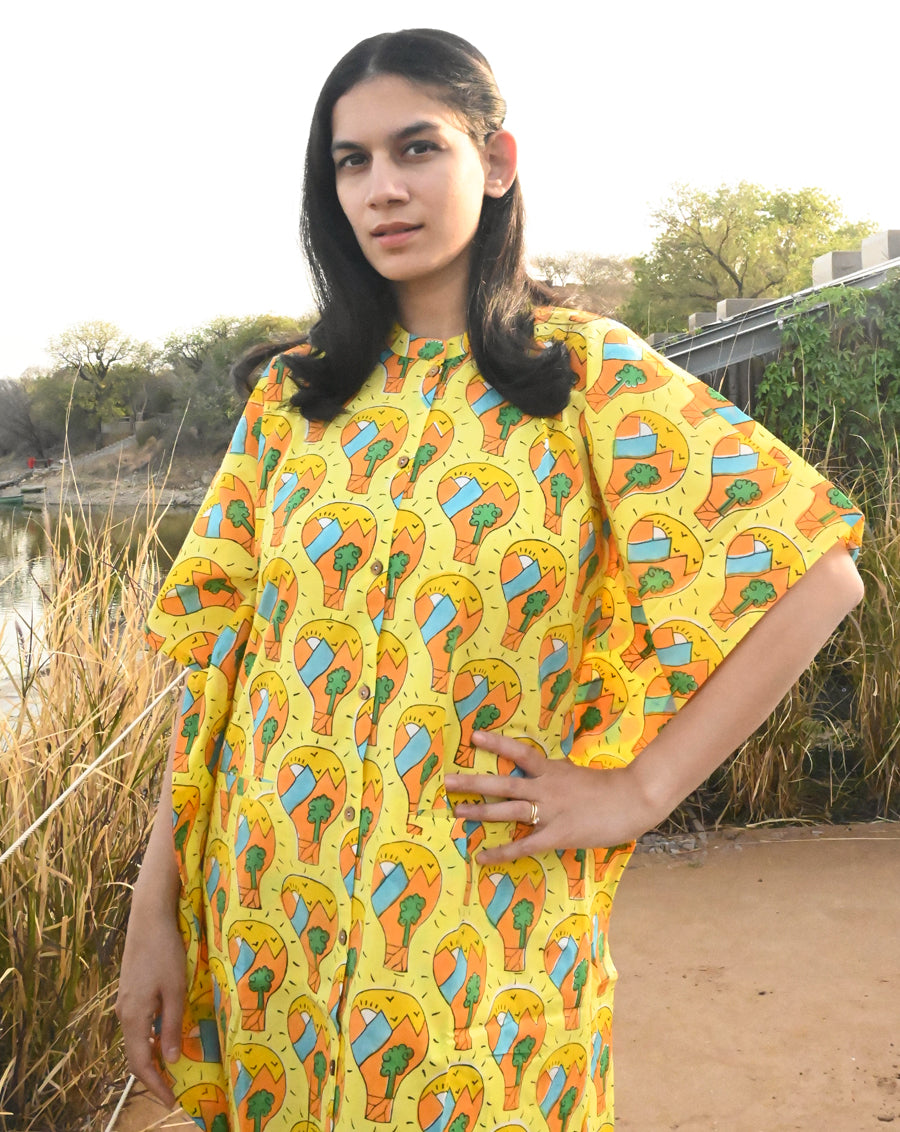 Orange - Hand Block Printed Cotton Kaftan with Tie-Up Waist (Long) main image 1