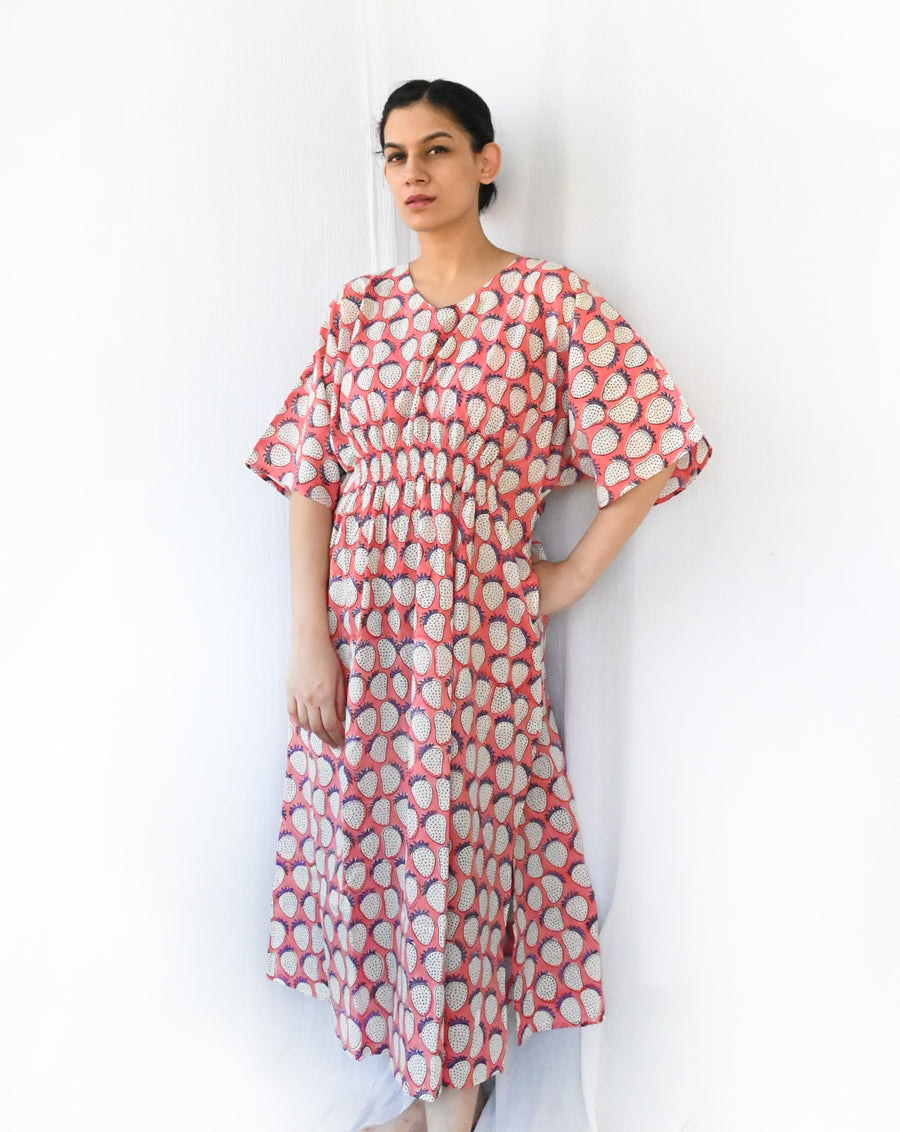 Gulzar Hand Block Print Cotton Midi Kaftan Dress
