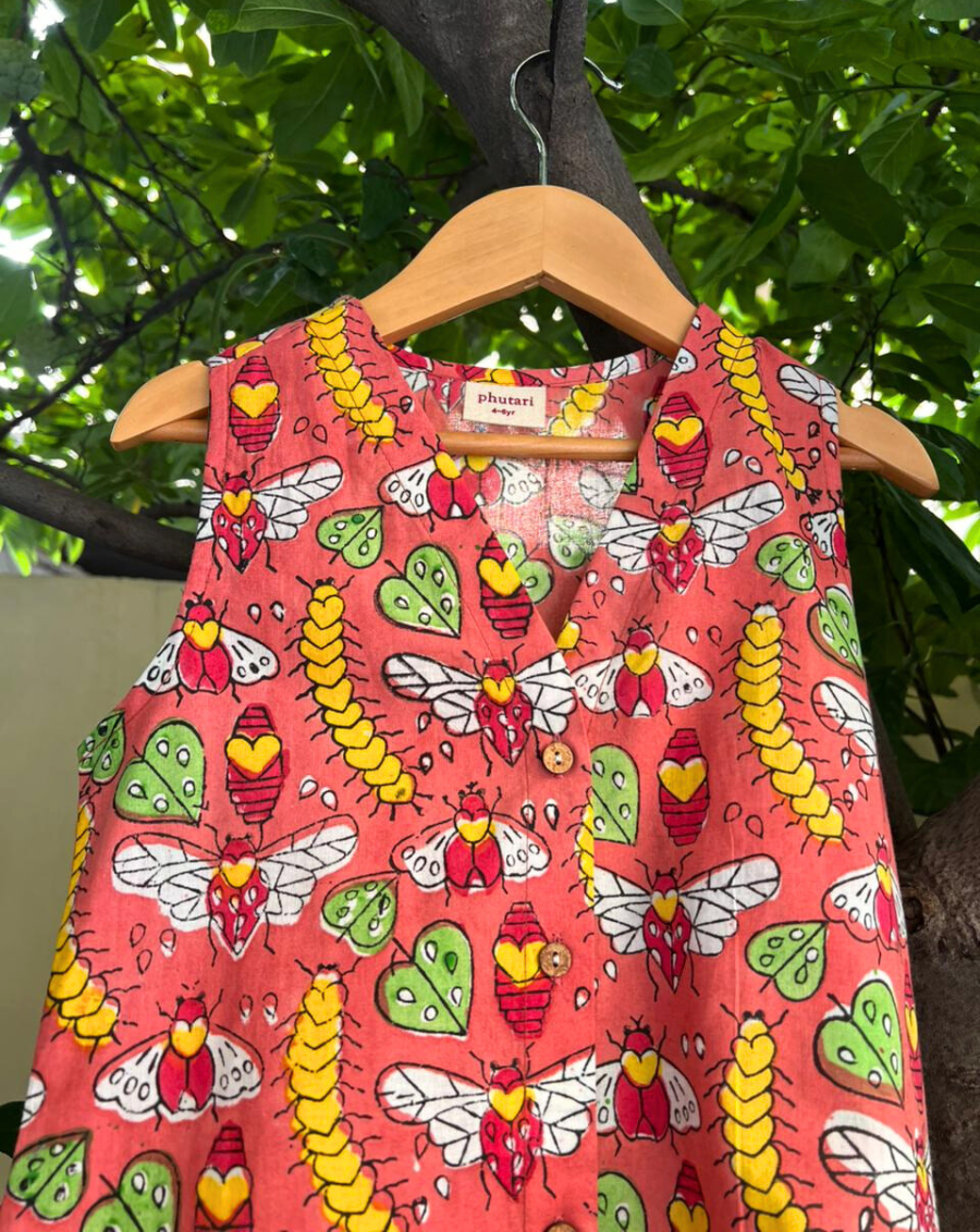 Cat-A-Pillar Brick Red Cotton Dress for Girls