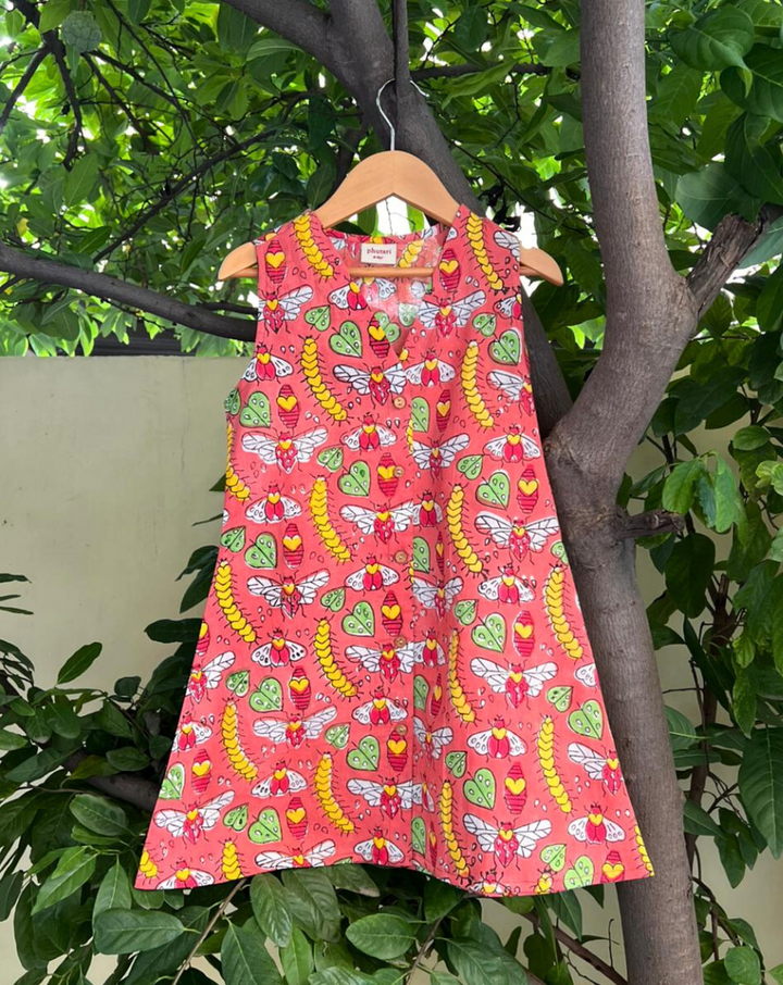 Cat-A-Pillar Brick Red Cotton Dress for Girls