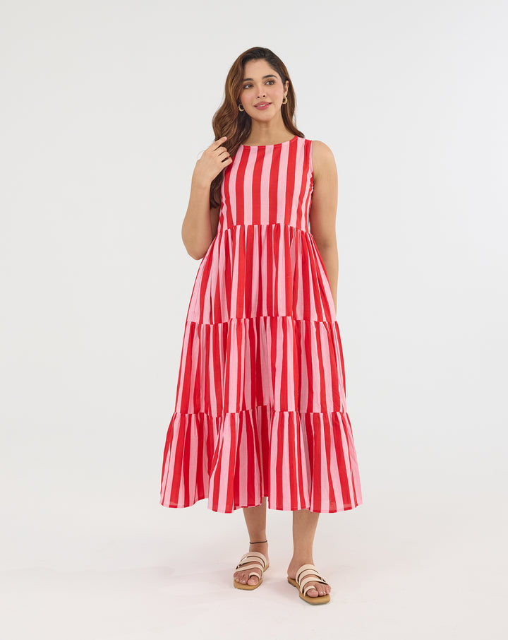 Bubble Gum Hand Screen Printed Cotton Tiered Dress