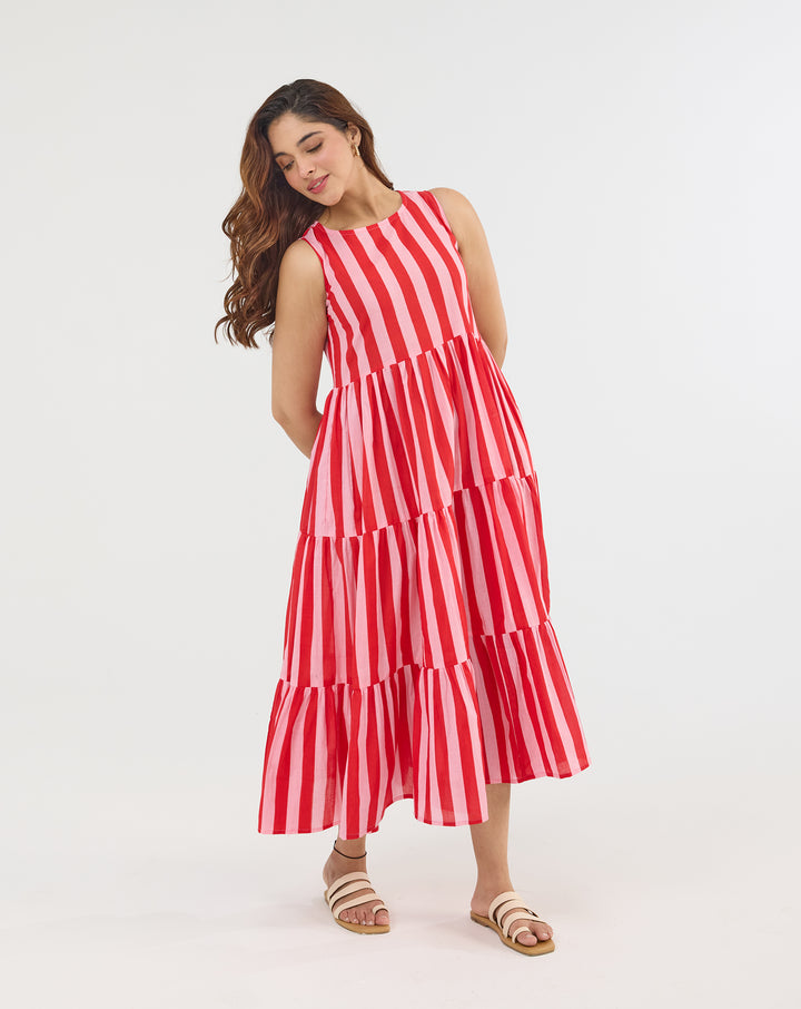 Bubble Gum Hand Screen Printed Cotton Tiered Dress