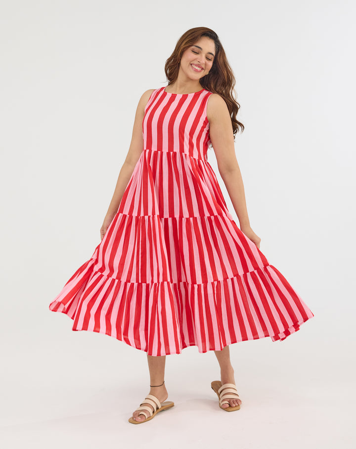 Bubble Gum Hand Screen Printed Cotton Tiered Dress