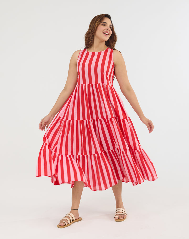 Bubble Gum Hand Screen Printed Cotton Tiered Dress