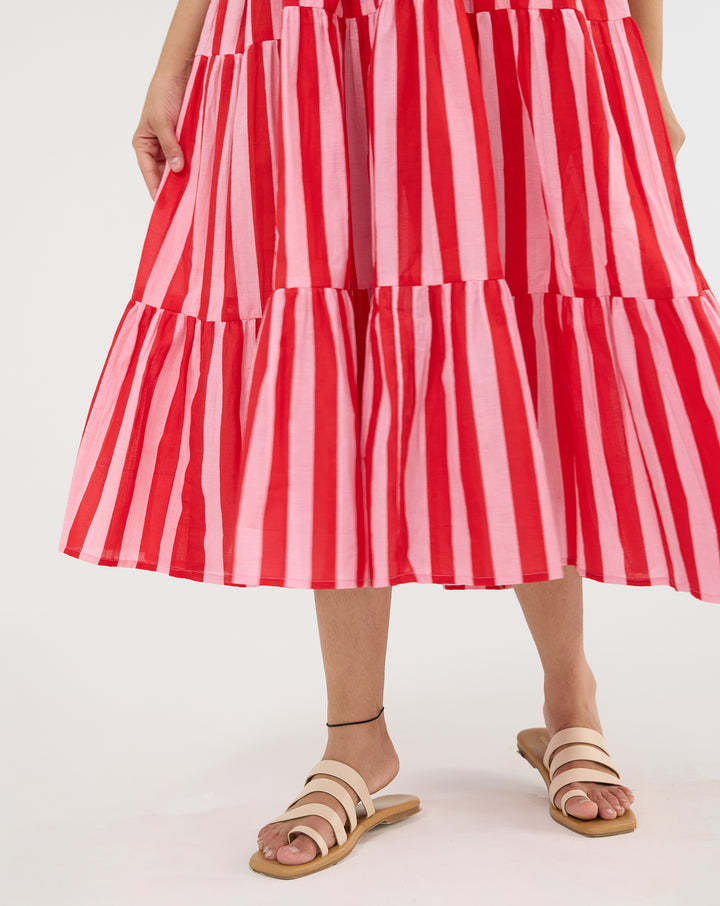 Bubble Gum Hand Screen Printed Cotton Tiered Dress