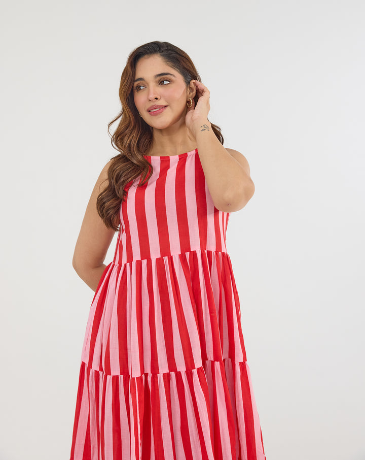 Bubble Gum Hand Screen Printed Cotton Tiered Dress