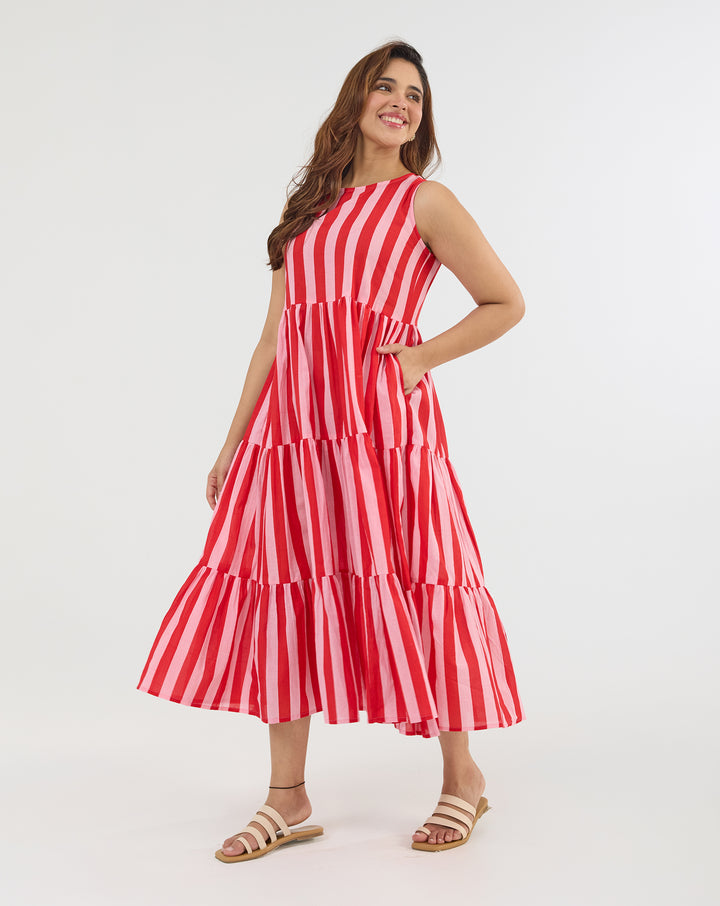 Bubble Gum Hand Screen Printed Cotton Tiered Dress