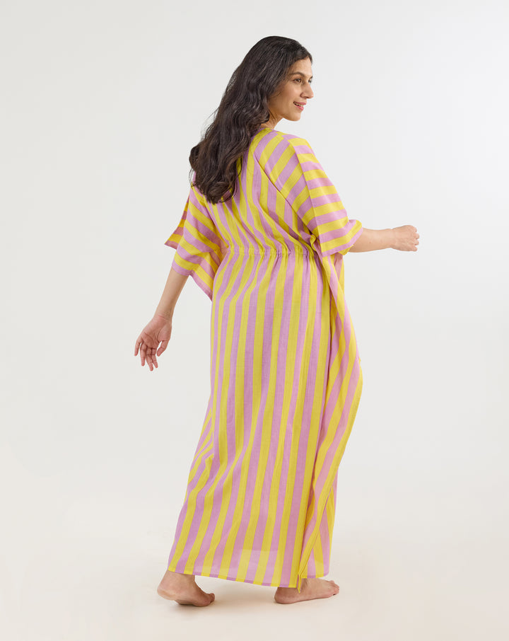 Bubble Gum Berries Hand Screen Printed Cotton Kaftan - Full Length