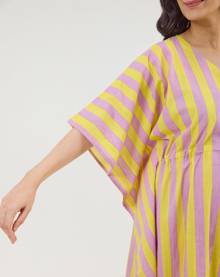 Bubble Gum Berries Hand Screen Printed Cotton Kaftan - Full Length