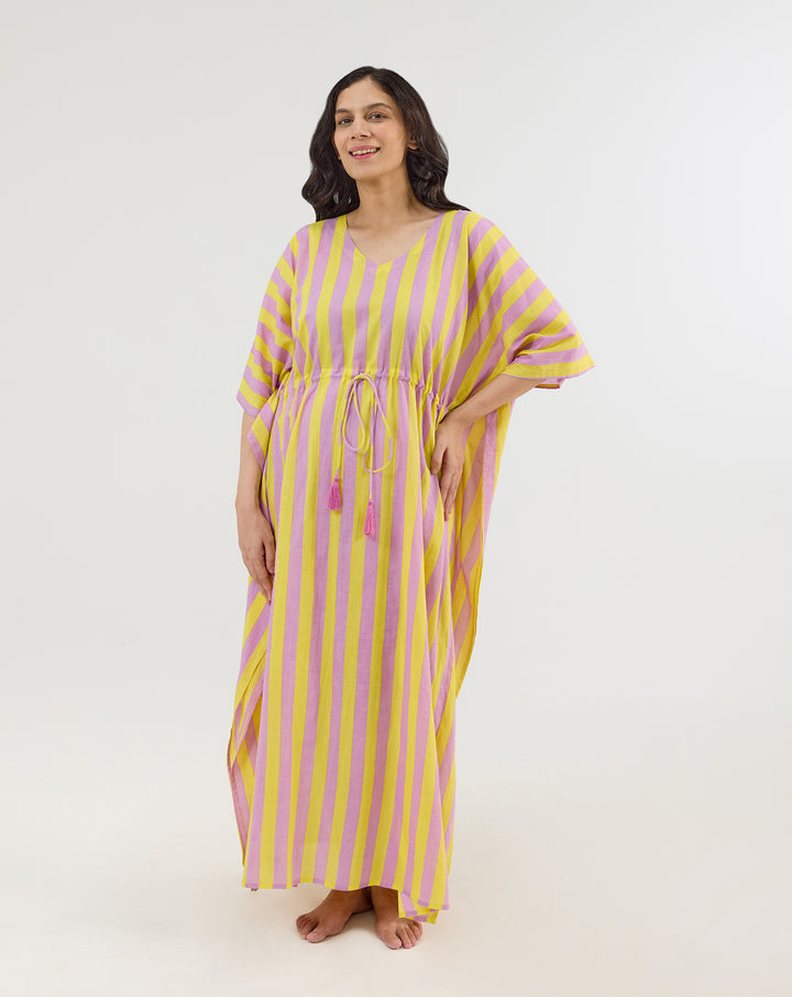 Bubble Gum Berries Hand Screen Printed Cotton Kaftan - Full Length