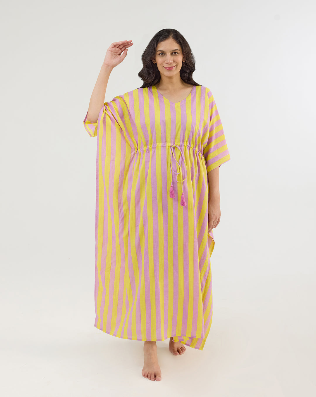 Bubble Gum Berries Hand Screen Printed Cotton Kaftan - Full Length
