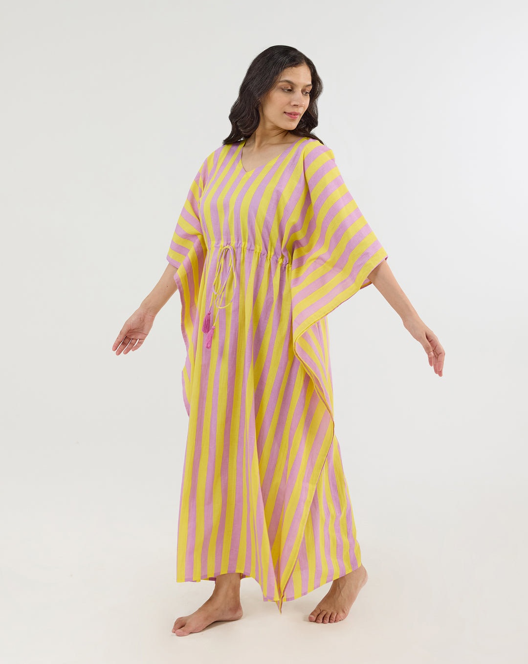 Bubble Gum Berries Hand Screen Printed Cotton Kaftan - Full Length