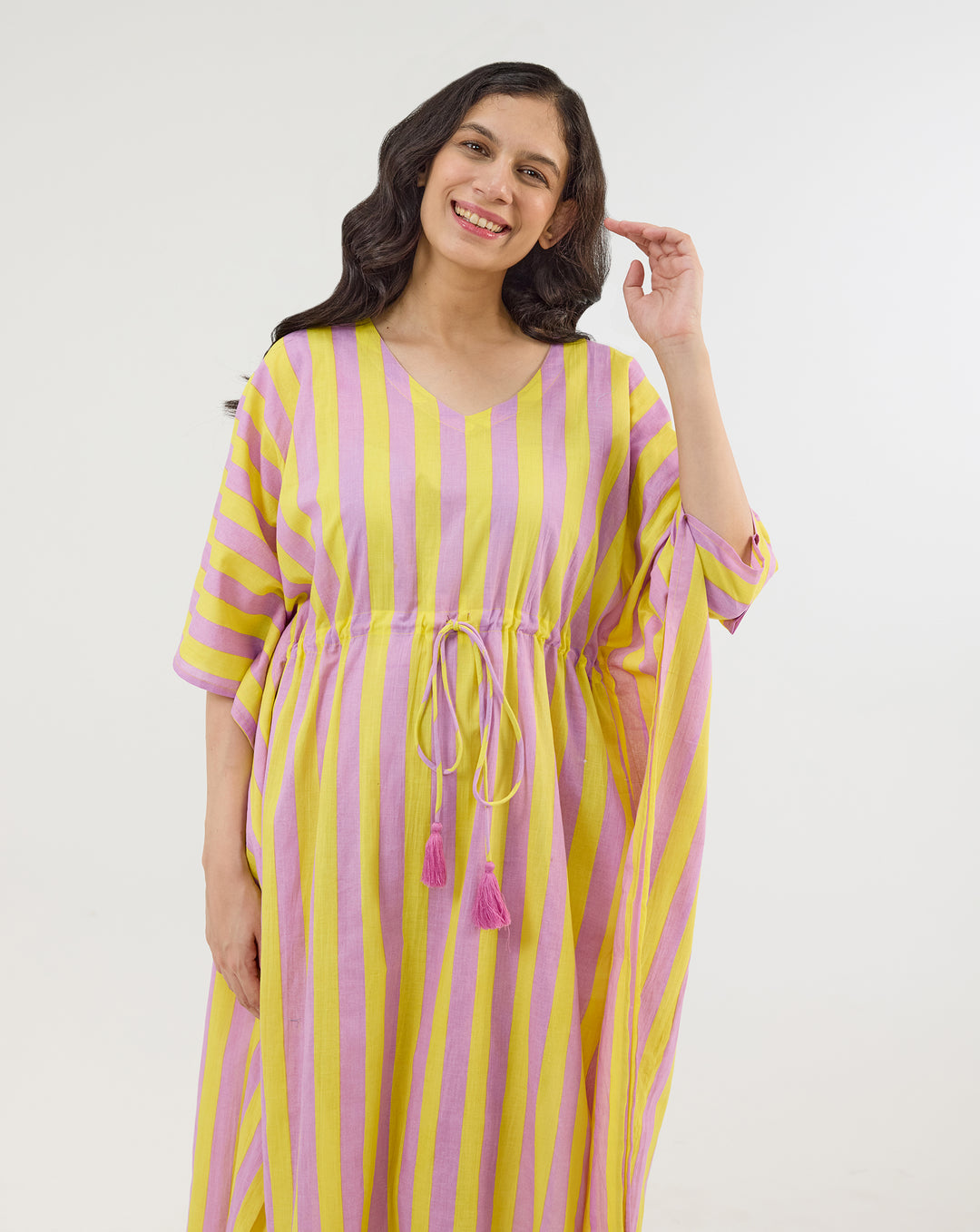 Bubble Gum Berries Hand Screen Printed Cotton Kaftan - Full Length