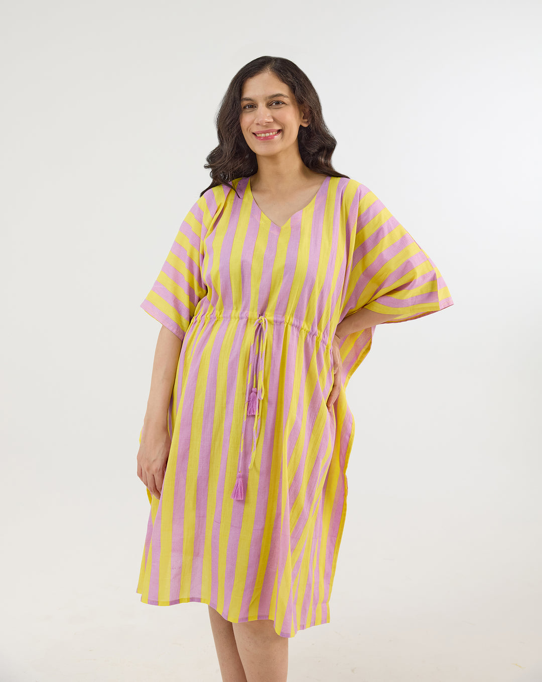 Bubble Gum Berries Hand Screen Printed Cotton Midi Kaftan