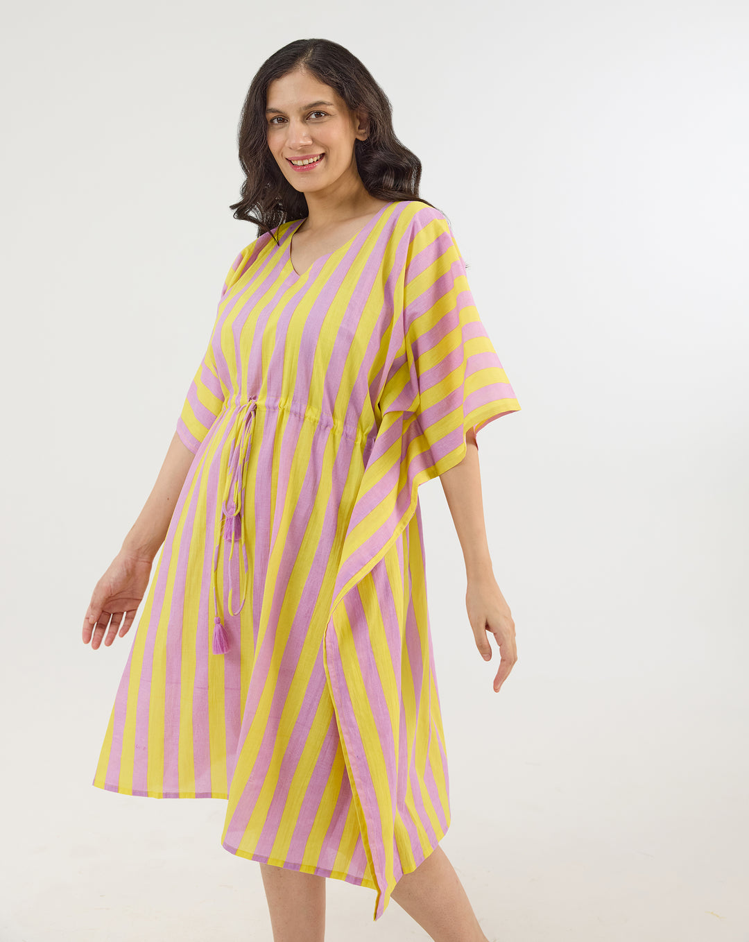 Bubble Gum Berries Hand Screen Printed Cotton Midi Kaftan