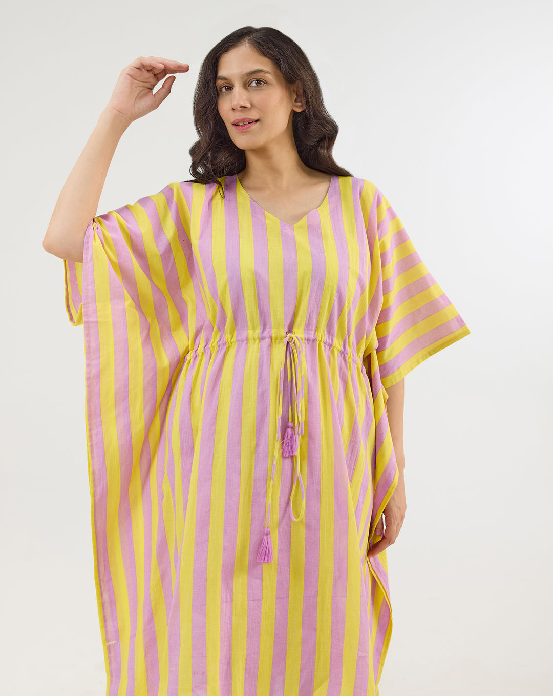Bubble Gum Berries Hand Screen Printed Cotton Midi Kaftan