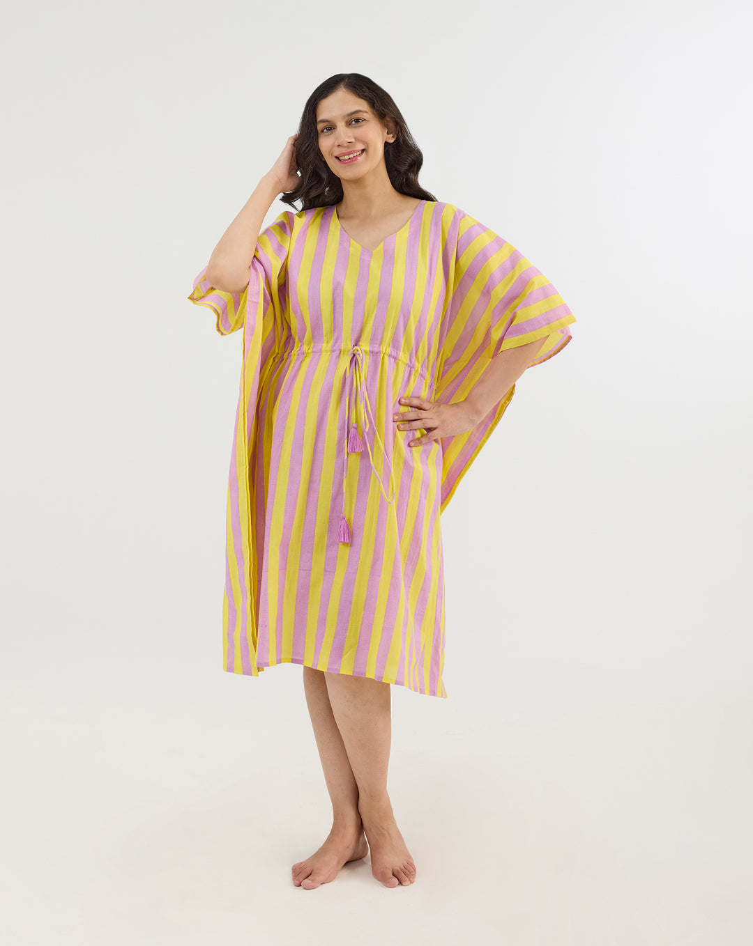 Bubble Gum Berries Hand Screen Printed Cotton Midi Kaftan