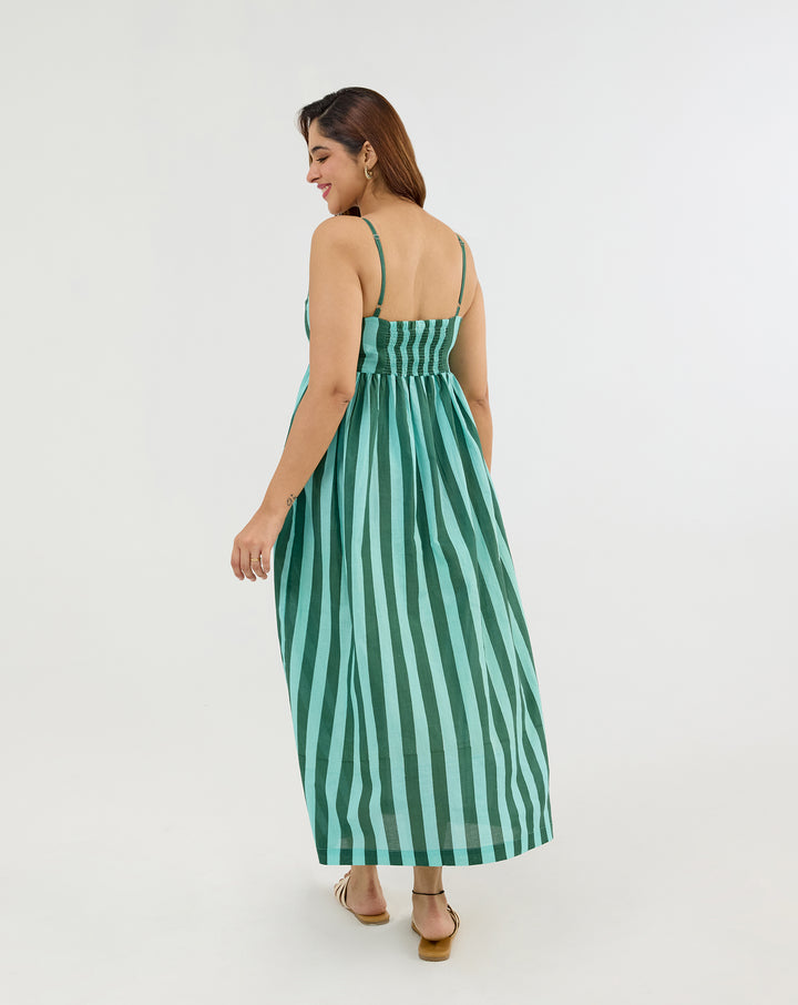 Bubble Gum Olive Hand Screen Printed Cotton Strappy Dress
