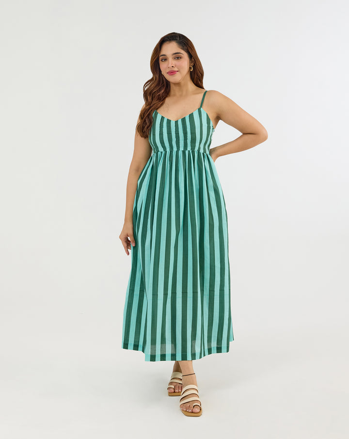 Bubble Gum Olive Hand Screen Printed Cotton Strappy Dress