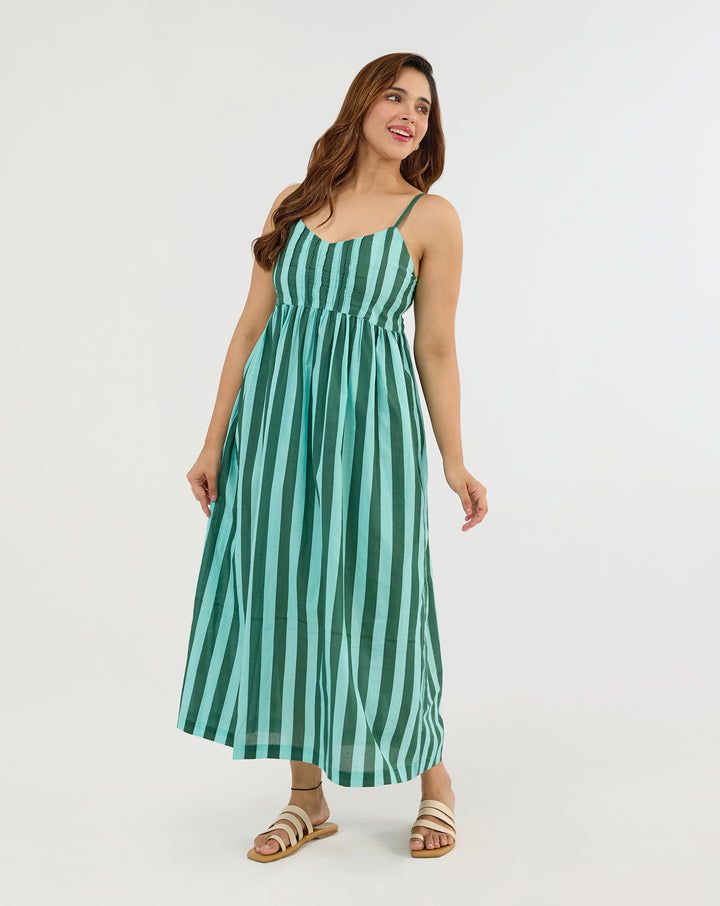 Bubble Gum Olive Hand Screen Printed Cotton Strappy Dress