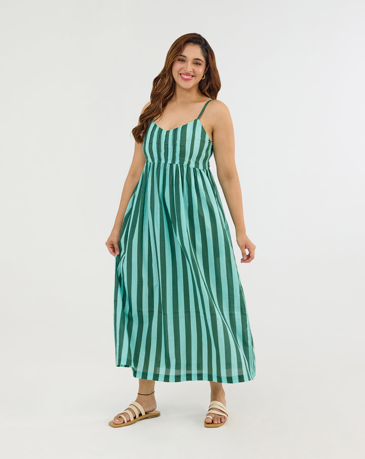 Bubble Gum Olive Hand Screen Printed Cotton Strappy Dress