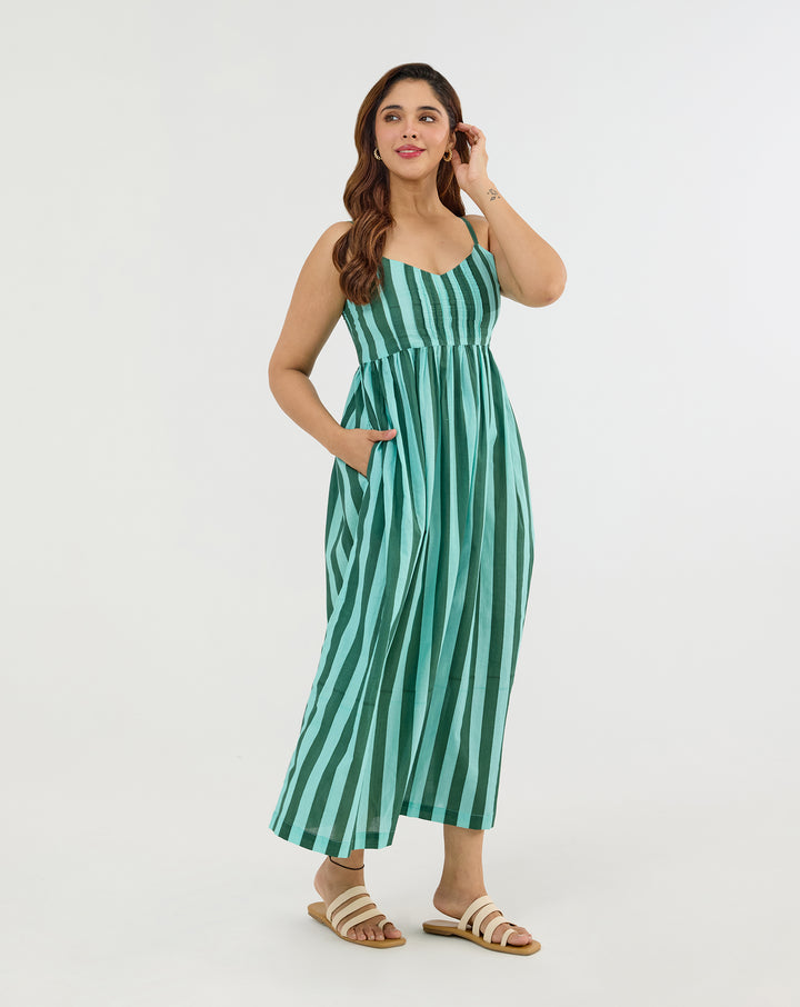 Bubble Gum Olive Hand Screen Printed Cotton Strappy Dress